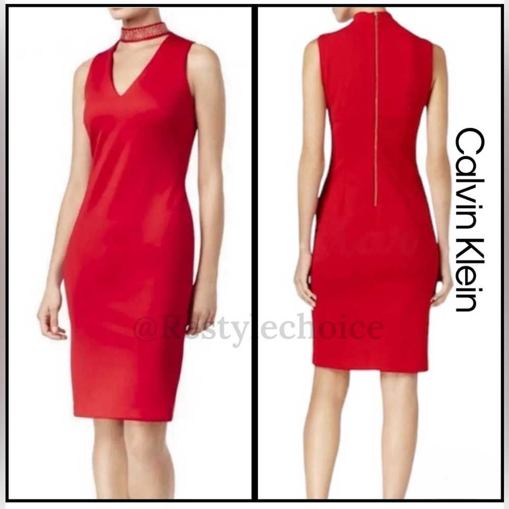 NWT Calvin Klein Elegant RED Embellished choker cut out Dress size 4